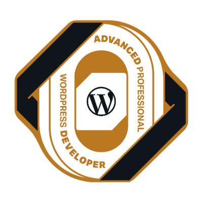 WordPress Advanced Professional Developer badge featuring the WordPress logo within a gold and dark blue hexagonal emblem